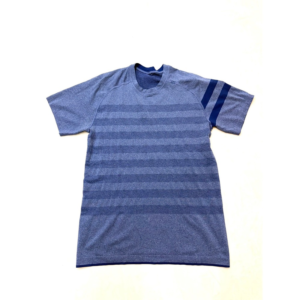 LULULEMON Mens Small Blue Stripe Short Sleeve Metal Vent Crewneck Tshirt YY2